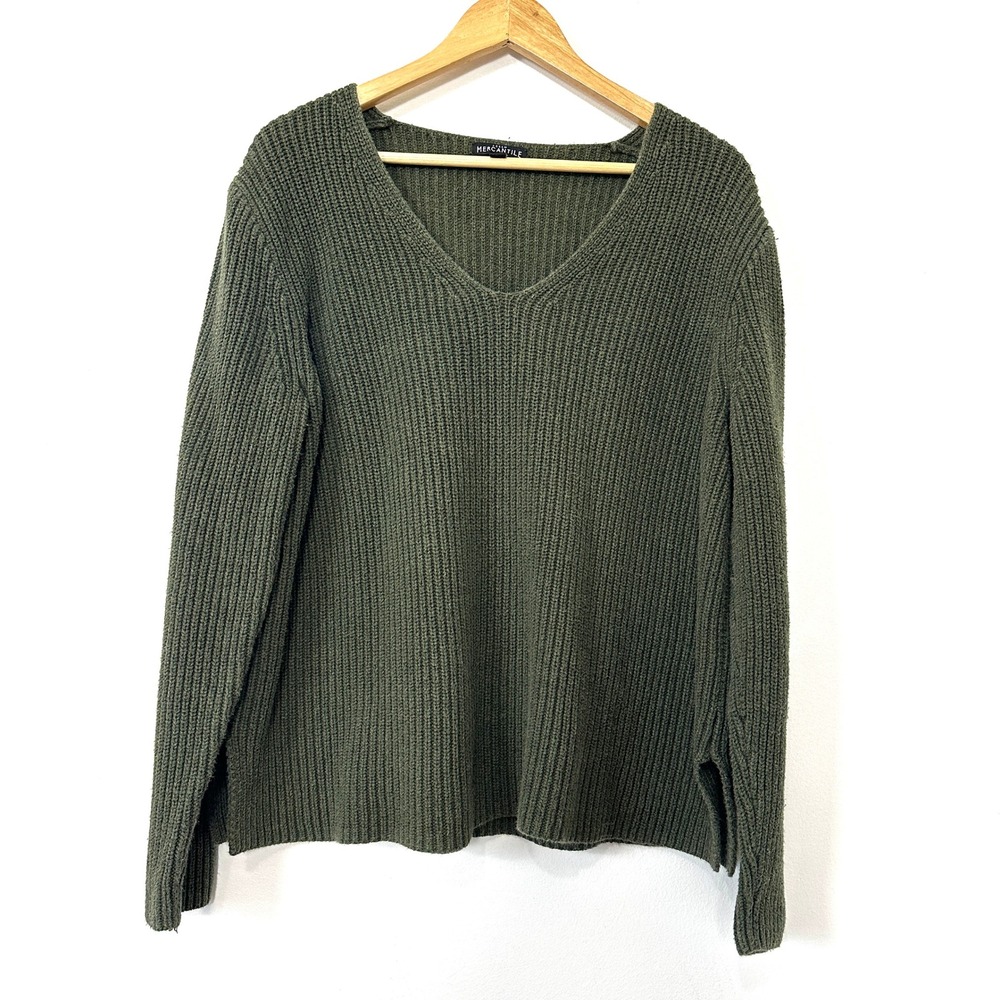 J.Crew Mercantile Olive Green Chunky Knit Sweater Large Cotton Preppy Minimalist